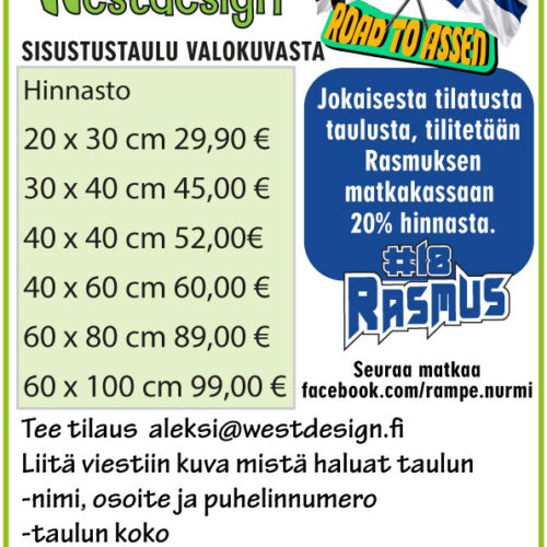 RoadtoASSEN-Rasmus-Canvashinnasto Sisustustaulu valokuvasta